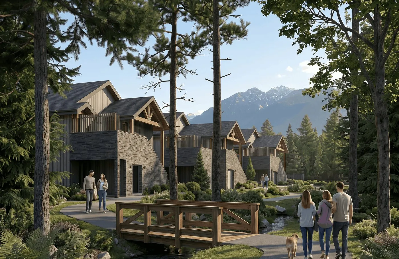 Residents and their dogs walking across a wooden bridge through a mountain townhome community
