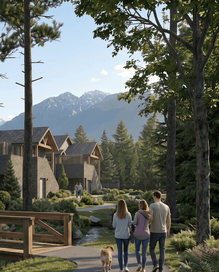 Residents walking dogs along a landscaped path through a mountain townhome community